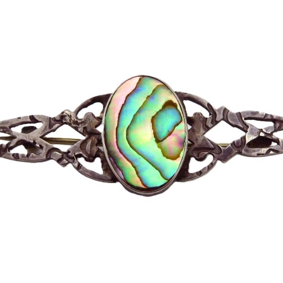 Antique Art Nouveau Sterling Silver Abalone Shell Cabochon Brooch Pin - Picture 4 of 4